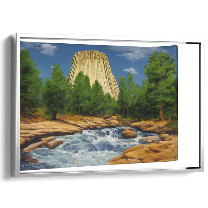 Echoes of the Towering Pines: Realistic Landscape of Devils Tower with Lush Pines and Cascading Stream