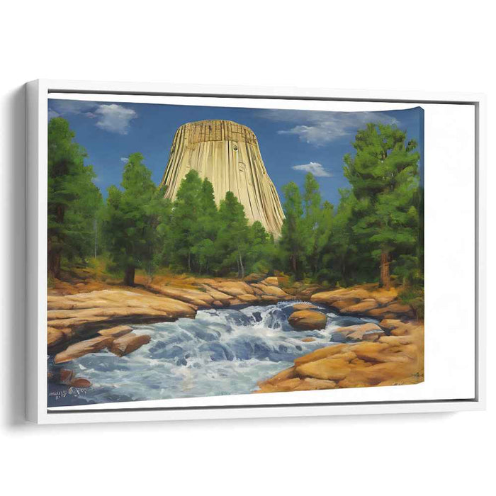 Echoes of the Towering Pines: Realistic Landscape of Devils Tower with Lush Pines and Cascading Stream