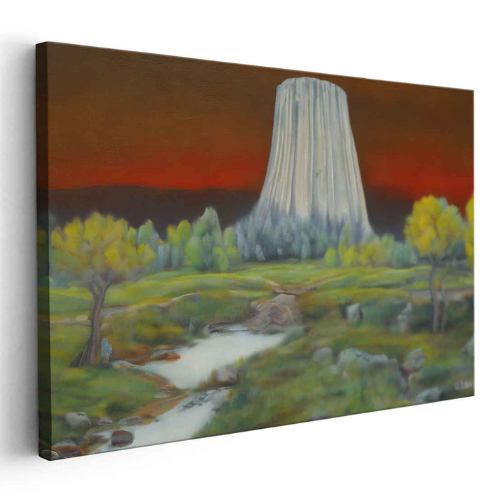 Enigmatic Monolith: Surreal Landscape with Fiery Sky Canvas Art