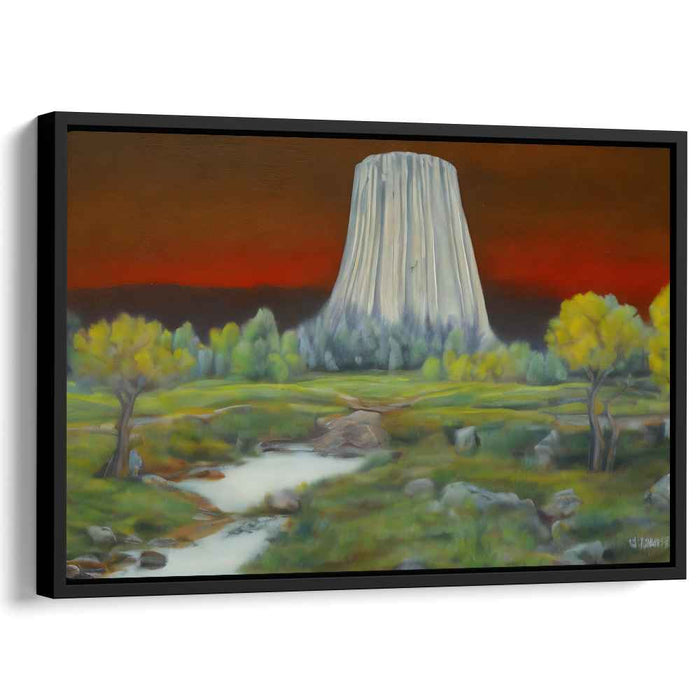 Enigmatic Monolith: Surreal Landscape with Fiery Sky Canvas Art