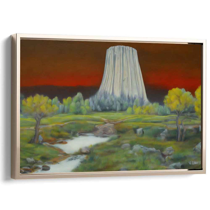 Enigmatic Monolith: Surreal Landscape with Fiery Sky Canvas Art
