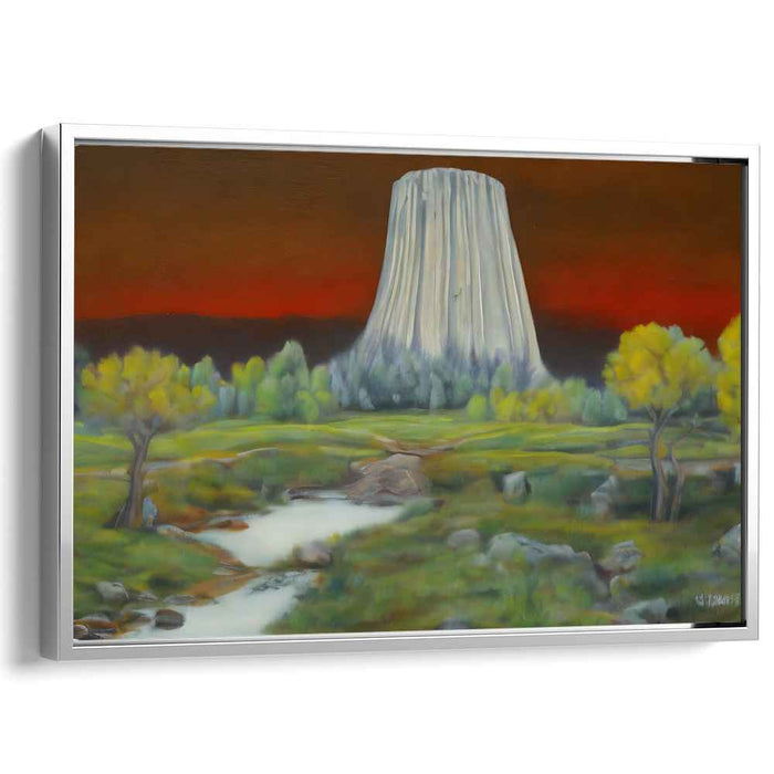 Enigmatic Monolith: Surreal Landscape with Fiery Sky Canvas Art