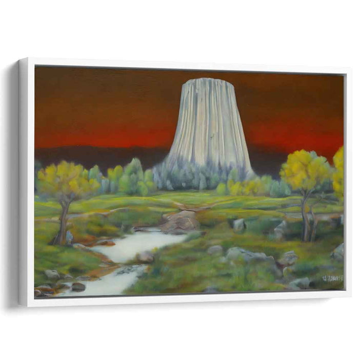 Enigmatic Monolith: Surreal Landscape with Fiery Sky Canvas Art