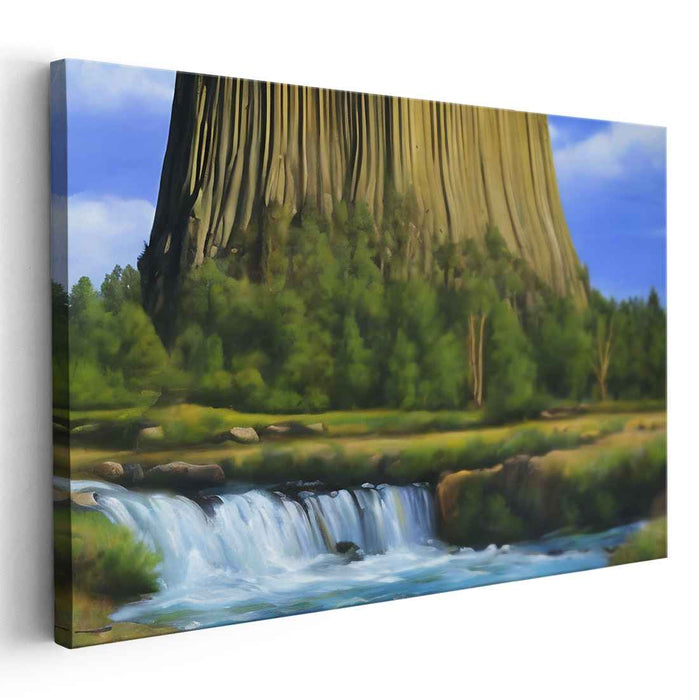 Majestic Natural Monument: Serene Landscape with Towering Rock Formation and Waterfall