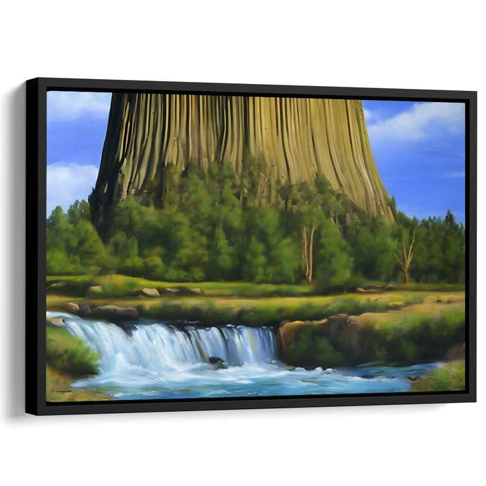 Majestic Natural Monument: Serene Landscape with Towering Rock Formation and Waterfall