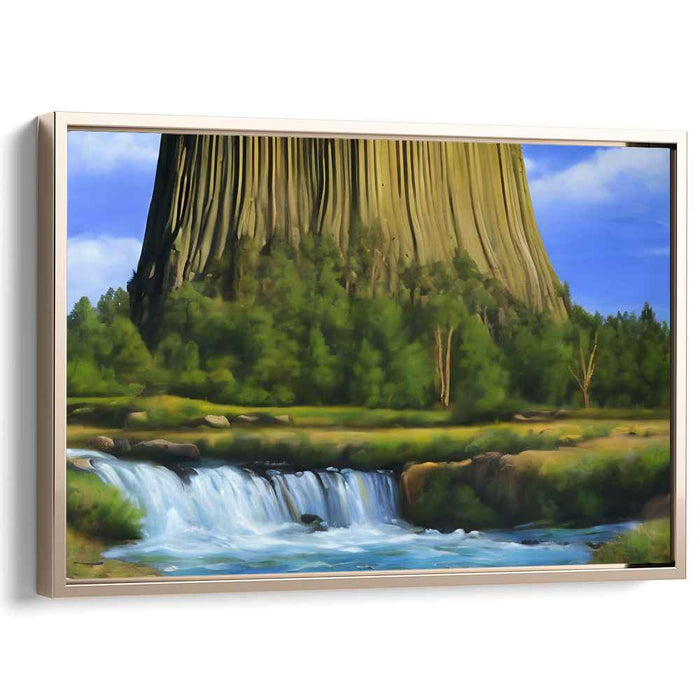 Majestic Natural Monument: Serene Landscape with Towering Rock Formation and Waterfall