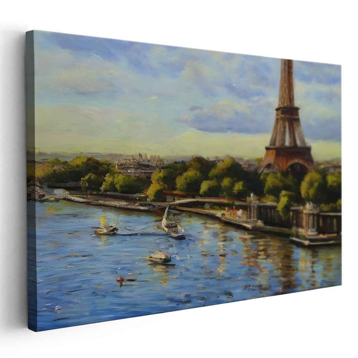 Parisian Days: Impressionistic Eiffel Tower and Seine River Canvas Art