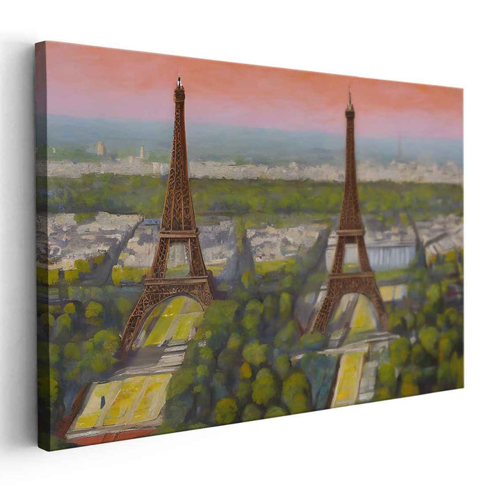 Dreamy Parisian Duality: Surrealist Eiffel Towers at Sunset Canvas Art Print