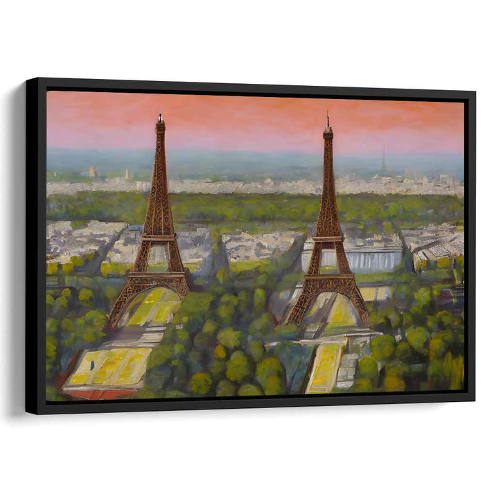 Dreamy Parisian Duality: Surrealist Eiffel Towers at Sunset Canvas Art Print