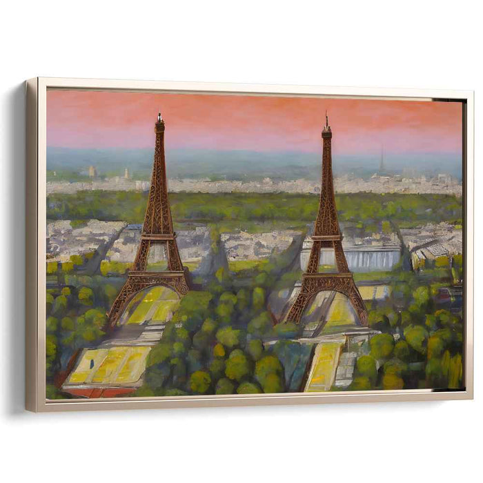 Dreamy Parisian Duality: Surrealist Eiffel Towers at Sunset Canvas Art Print