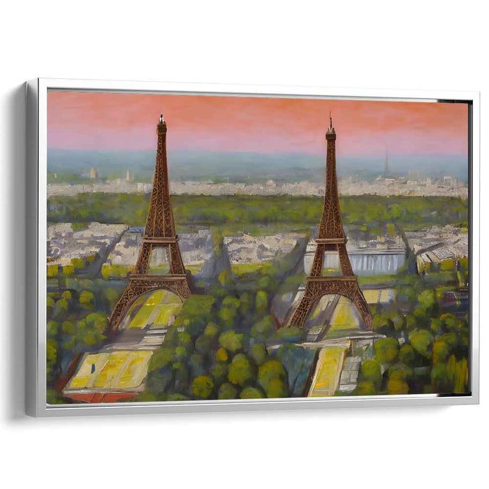 Dreamy Parisian Duality: Surrealist Eiffel Towers at Sunset Canvas Art Print