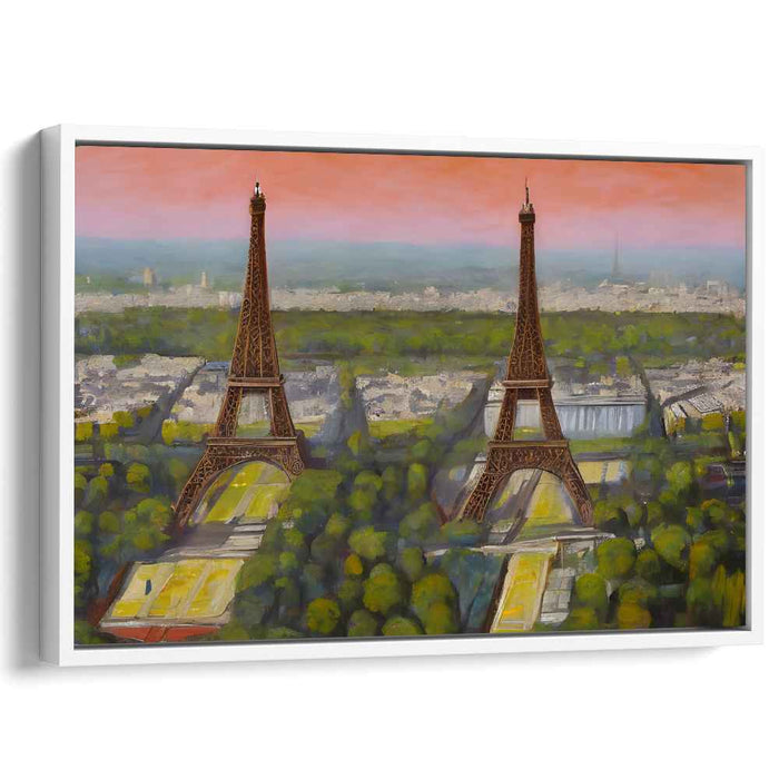 Dreamy Parisian Duality: Surrealist Eiffel Towers at Sunset Canvas Art Print