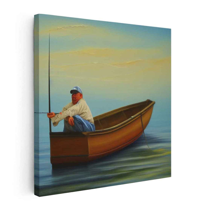 Silent Reflections: Realistic Fisherman in Wooden Boat Canvas Art Print