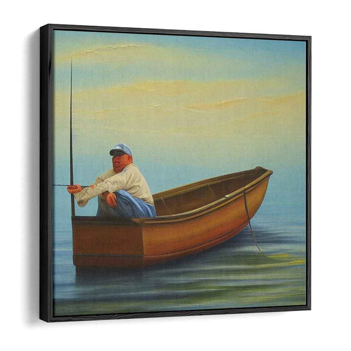 Silent Reflections: Realistic Fisherman in Wooden Boat Canvas Art Print