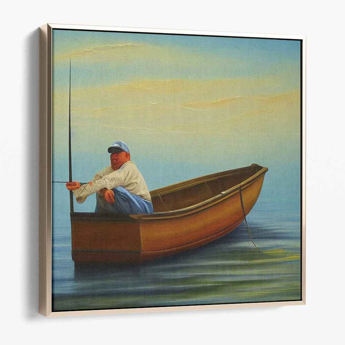 Silent Reflections: Realistic Fisherman in Wooden Boat Canvas Art Print