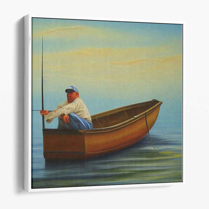 Silent Reflections: Realistic Fisherman in Wooden Boat Canvas Art Print