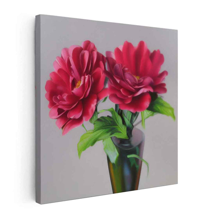 Crimson Bloom Mirage: Realistic Red Flowers in a Vase Canvas Art Print