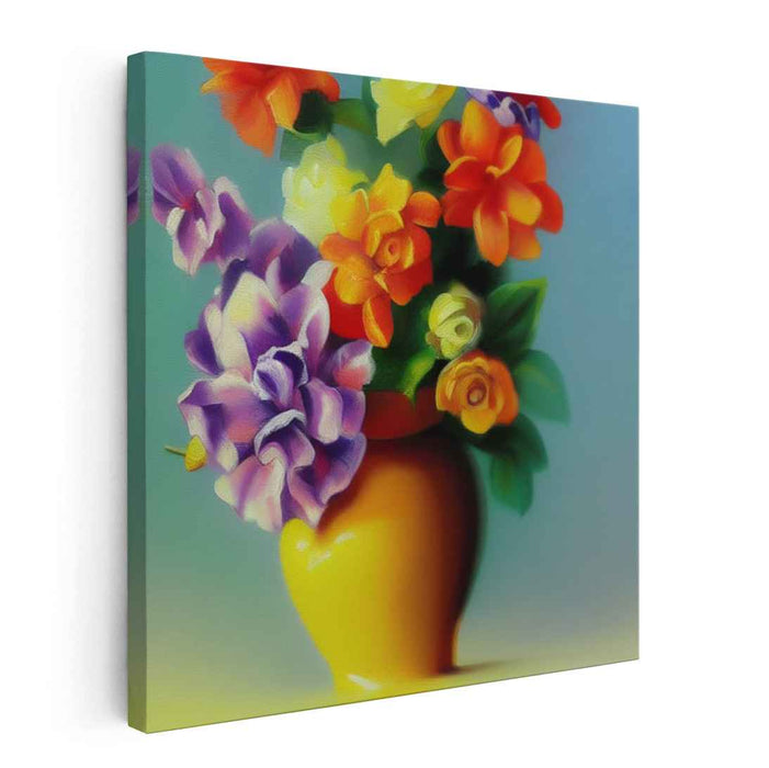 Sunshine's Bloom Dance: Lush Floral Bouquet in Sunlit Vase Canvas Art Print