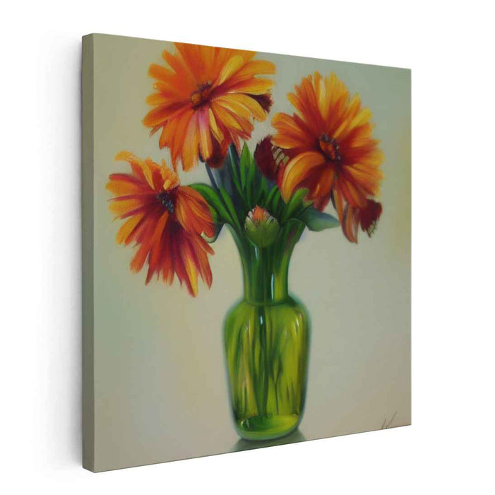 Zesty Bouquet: Realistic Orange Flowers in Green Vase Canvas Art