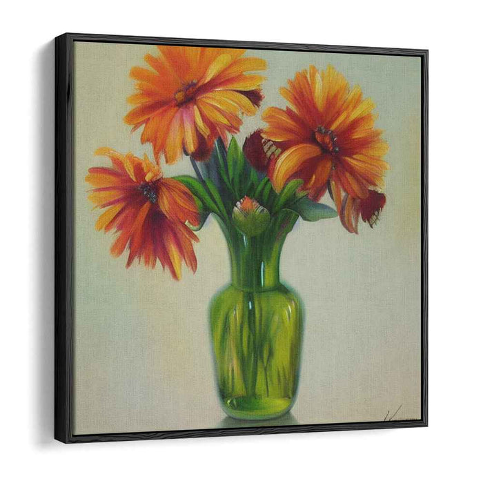 Zesty Bouquet: Realistic Orange Flowers in Green Vase Canvas Art