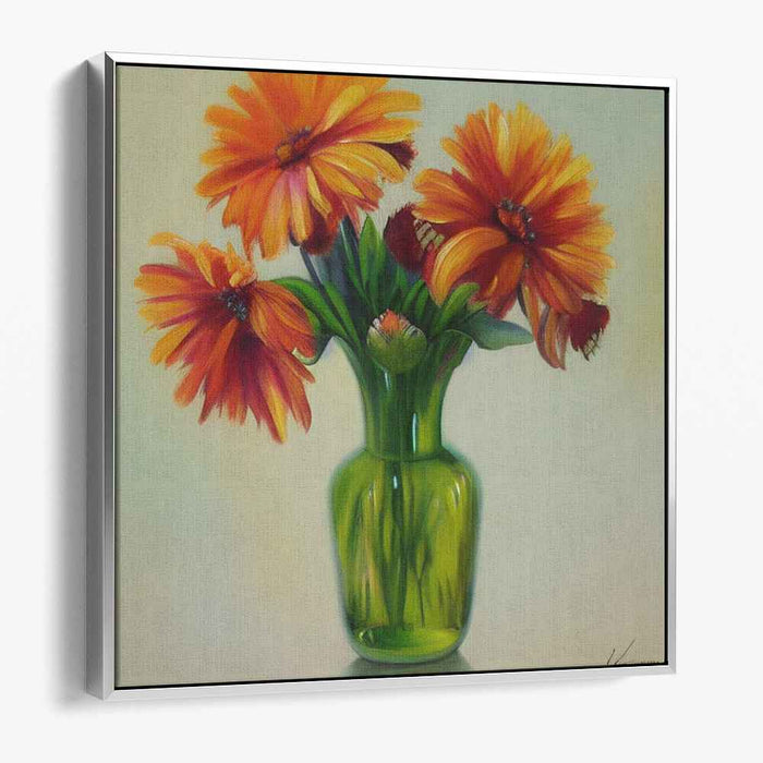 Zesty Bouquet: Realistic Orange Flowers in Green Vase Canvas Art