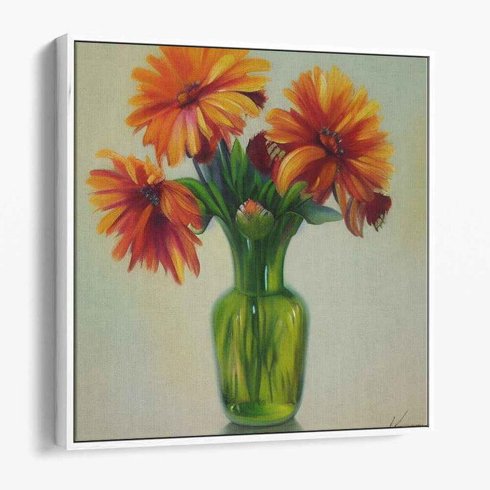 Zesty Bouquet: Realistic Orange Flowers in Green Vase Canvas Art