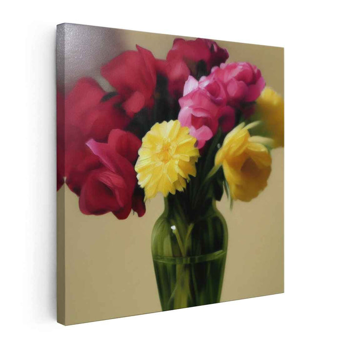 Reflective Floral Symphony: Realistic Bouquet in Glass Vase Canvas Art