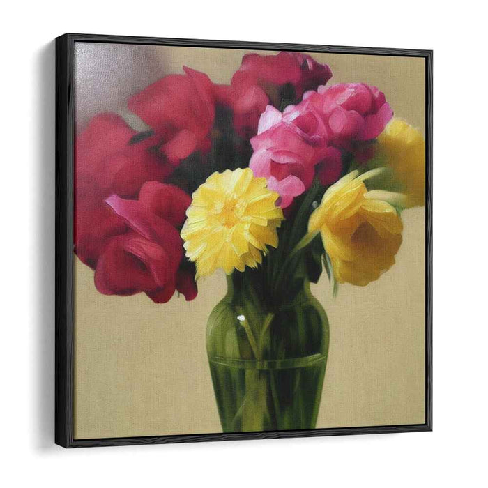 Reflective Floral Symphony: Realistic Bouquet in Glass Vase Canvas Art