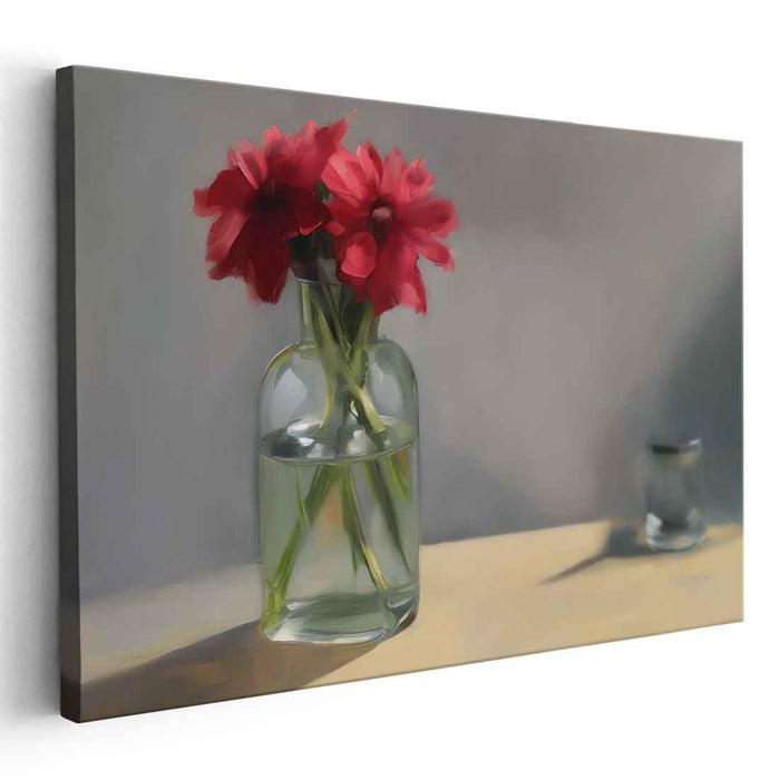 Crimson Capsule Blooms: Timeless Red Flowers in Glass Vase Canvas Art