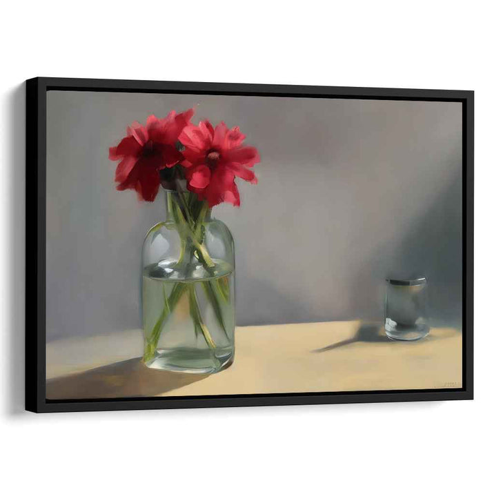 Crimson Capsule Blooms: Timeless Red Flowers in Glass Vase Canvas Art