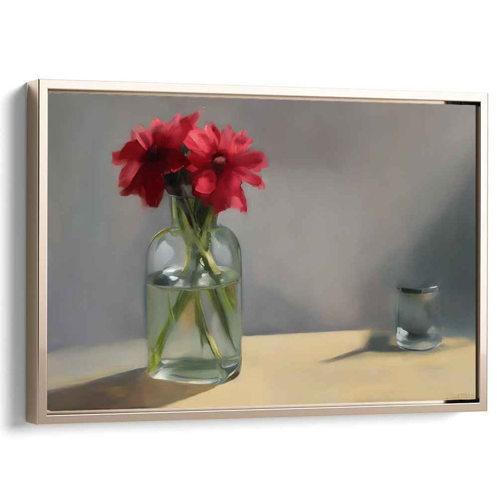 Crimson Capsule Blooms: Timeless Red Flowers in Glass Vase Canvas Art