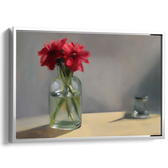 Crimson Capsule Blooms: Timeless Red Flowers in Glass Vase Canvas Art