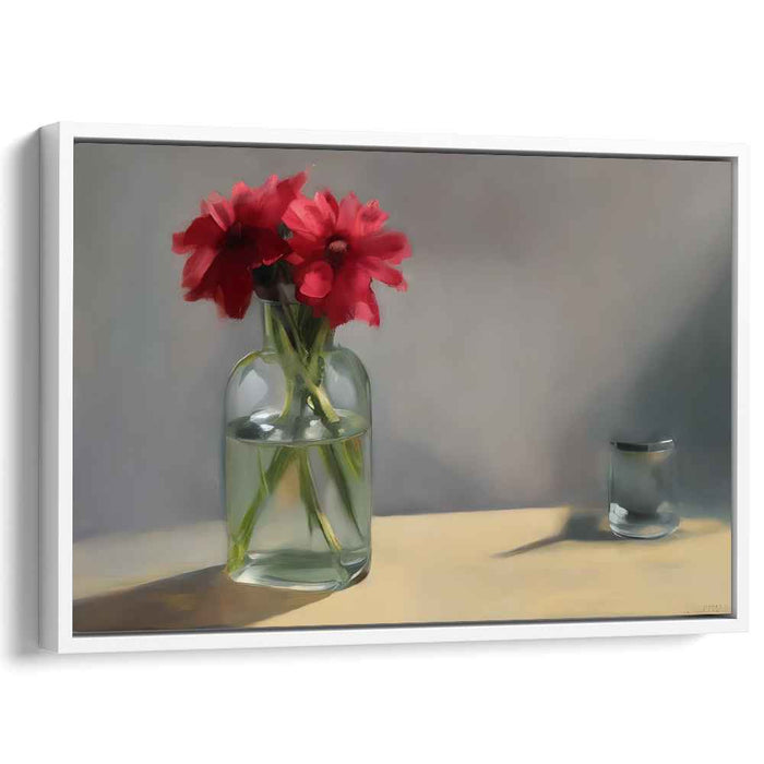 Crimson Capsule Blooms: Timeless Red Flowers in Glass Vase Canvas Art
