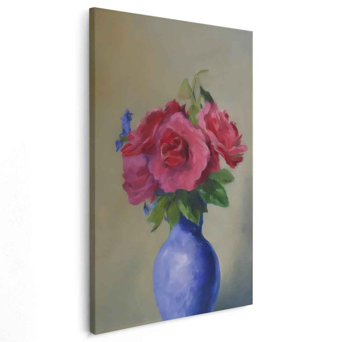 Dreamy Petals Dance Under Moonlight: Impressionist Pink Roses in Blue Vase Canvas Art