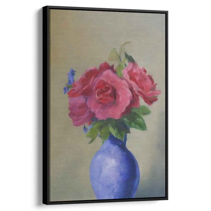 Dreamy Petals Dance Under Moonlight: Impressionist Pink Roses in Blue Vase Canvas Art