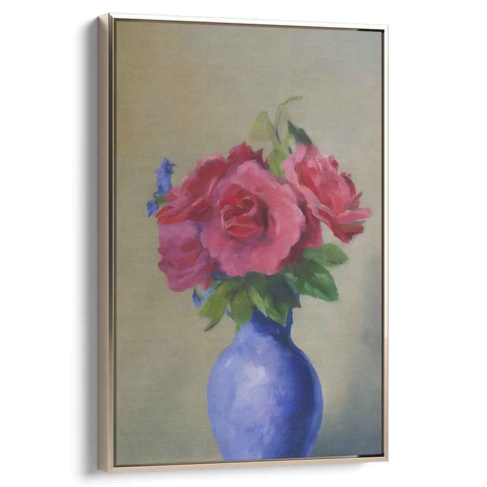 Dreamy Petals Dance Under Moonlight: Impressionist Pink Roses in Blue Vase Canvas Art
