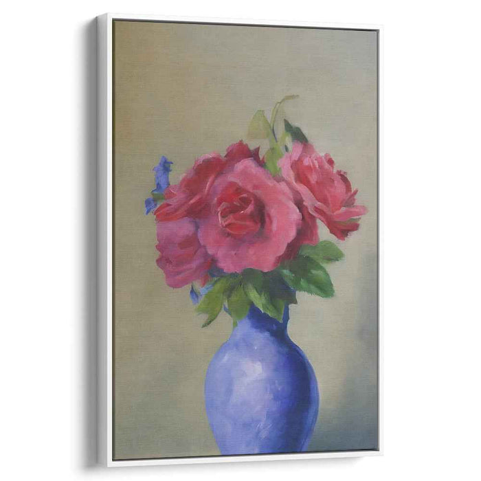 Dreamy Petals Dance Under Moonlight: Impressionist Pink Roses in Blue Vase Canvas Art
