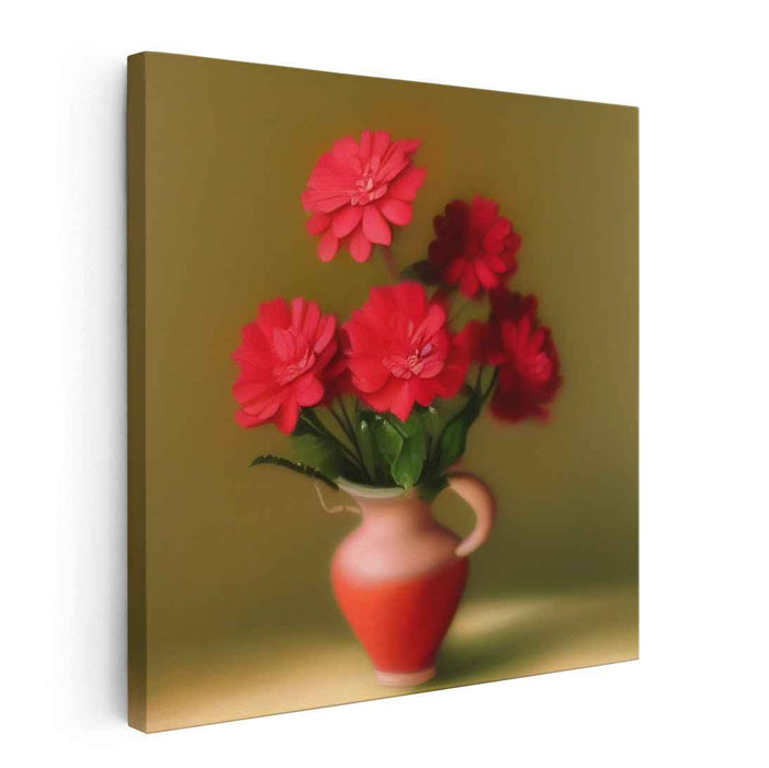 Fiesta Blooms Bursting: Vibrant Red Floral Bouquet in Terracotta Vase Canvas Art