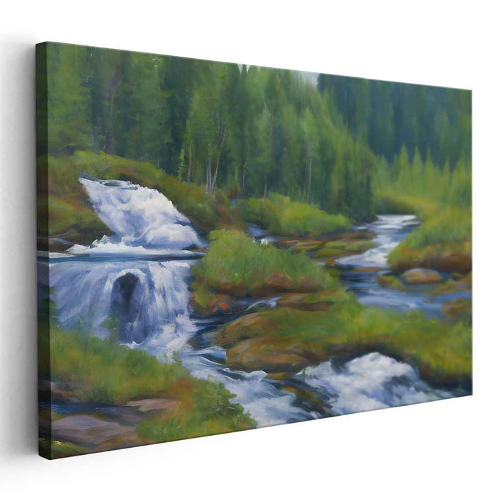 Verdant Rivulet Haven: Lush Forest Stream Landscape Canvas Art