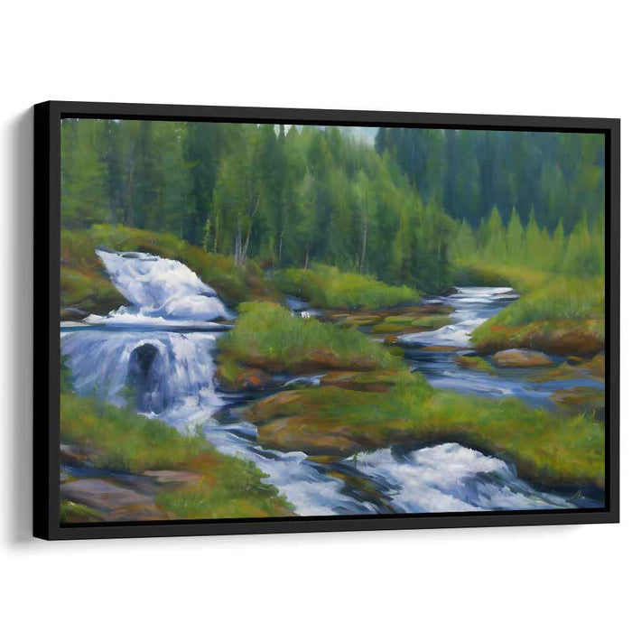 Verdant Rivulet Haven: Lush Forest Stream Landscape Canvas Art