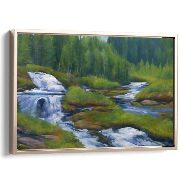 Verdant Rivulet Haven: Lush Forest Stream Landscape Canvas Art