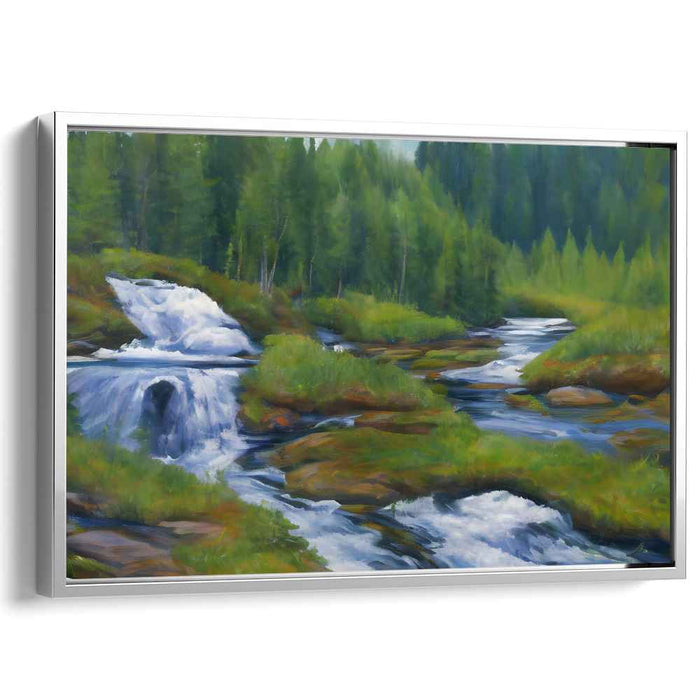 Verdant Rivulet Haven: Lush Forest Stream Landscape Canvas Art