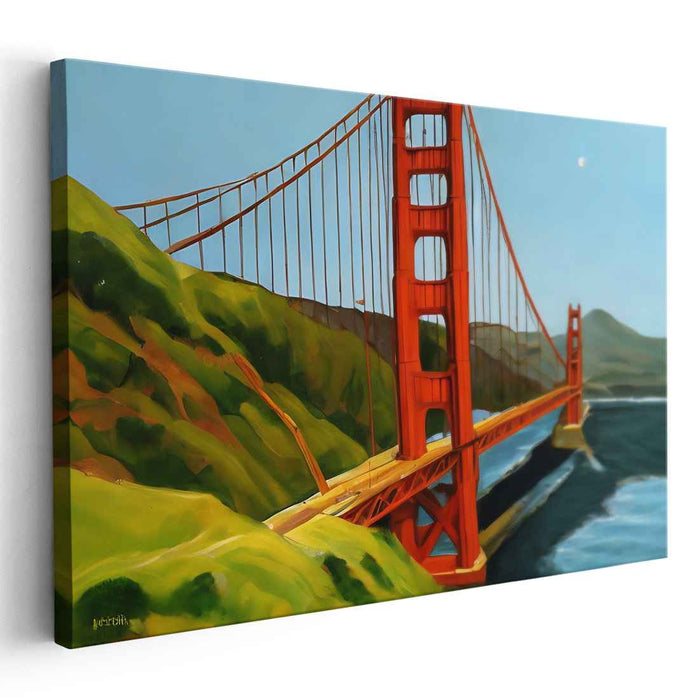 Golden Horizon Burst: Realistic Golden Gate Bridge in Vibrant Colors Canvas Art