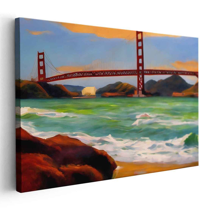 Golden Shores Whispering Bridges: Impressionist Golden Gate Bridge Seascape Canvas Art