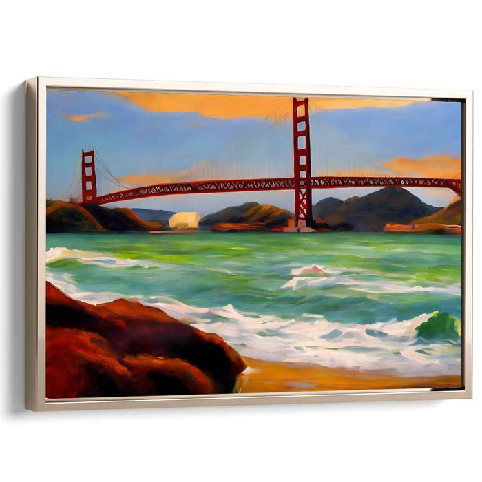 Golden Shores Whispering Bridges: Impressionist Golden Gate Bridge Seascape Canvas Art