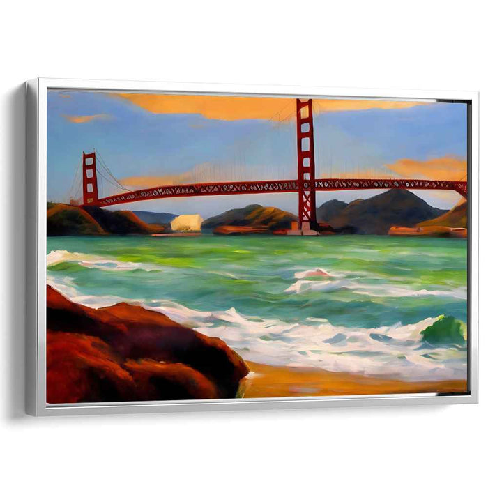Golden Shores Whispering Bridges: Impressionist Golden Gate Bridge Seascape Canvas Art