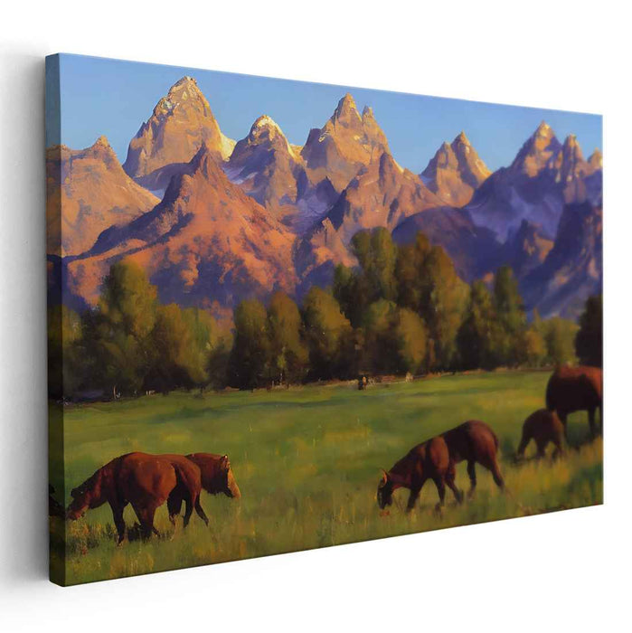 Majestic Peaks and Grazing Cattle: A Luminous Landscape Canvas Art