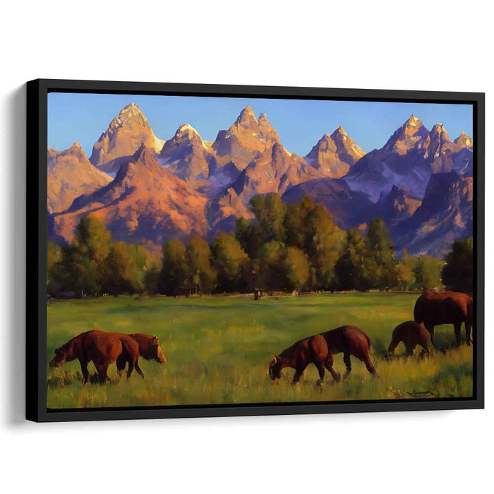 Majestic Peaks and Grazing Cattle: A Luminous Landscape Canvas Art