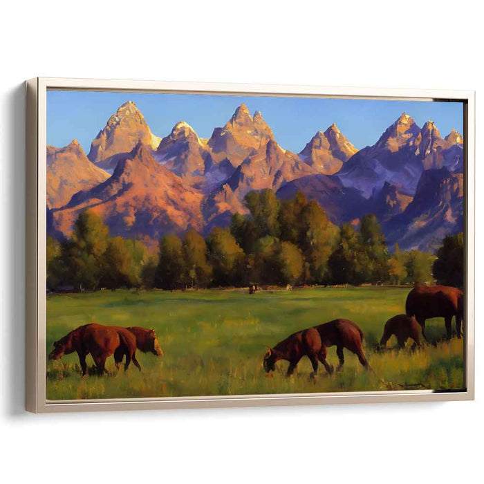 Majestic Peaks and Grazing Cattle: A Luminous Landscape Canvas Art