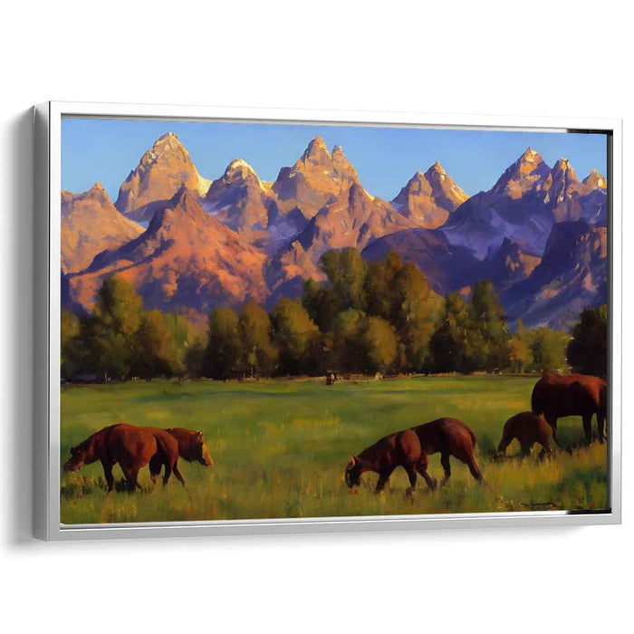 Majestic Peaks and Grazing Cattle: A Luminous Landscape Canvas Art